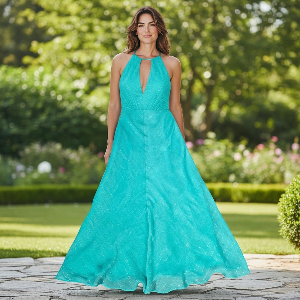 Donna Morgan Teal Metallic Pinstripe Halter Maxi Dress Gown Size 8 Formal Y2K